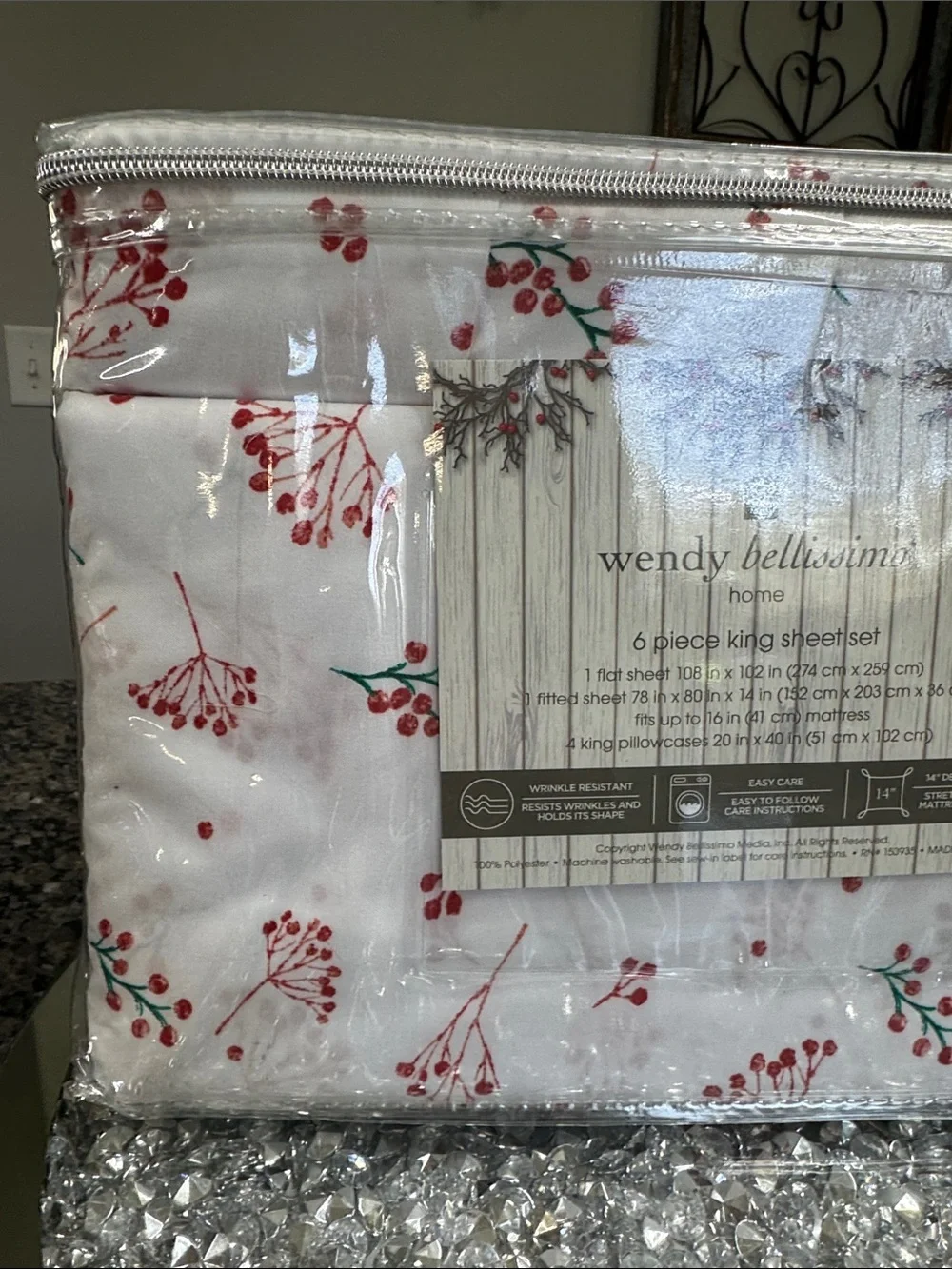 Wendy Bellissimo White Sheet Set with Red & Green Berry Sprig Print NEW